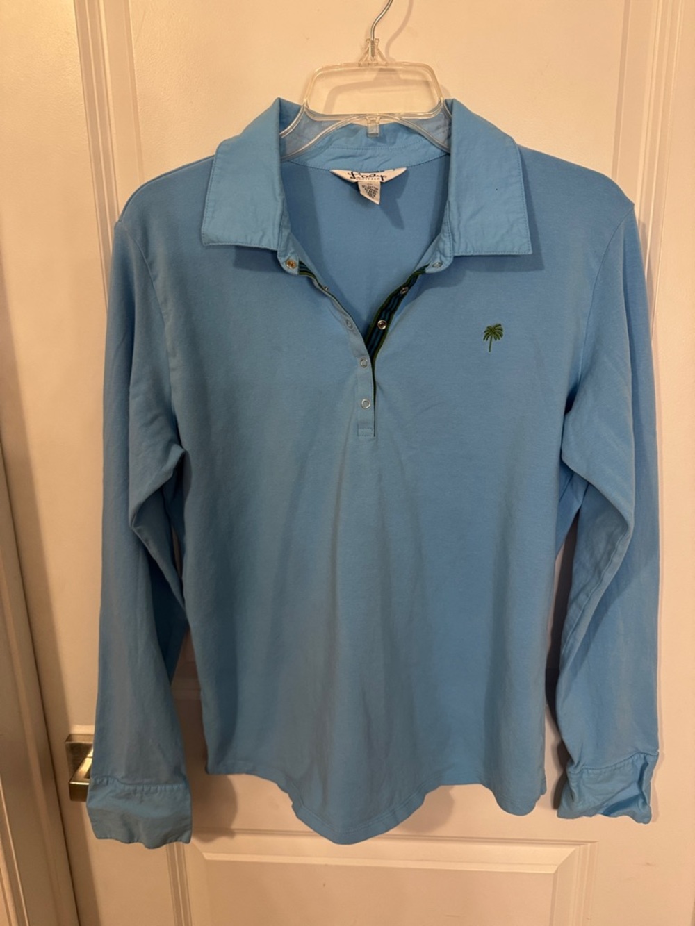 Lilly Pulitzer Sky Blue Long Sleeve Polo with Green Palm Embroidery